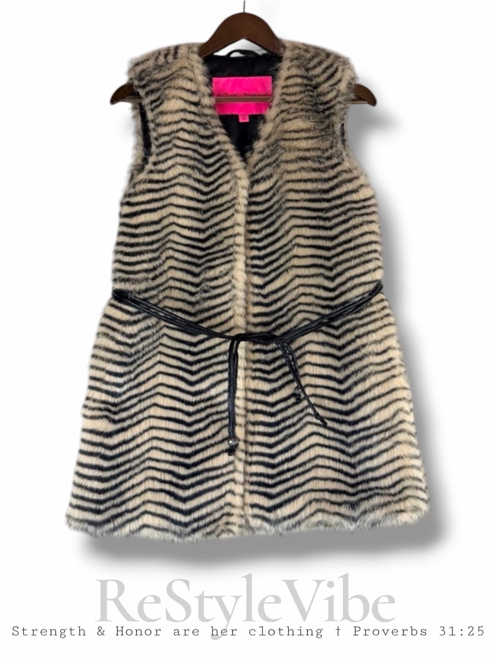 BETSEY JOHNSON Women’s Size XS Vest Faux Vegan Fur Lined Waist Tie Tunic Length